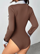 Fake Two-Piece Striped Collar Form-Fitting Bodysuit