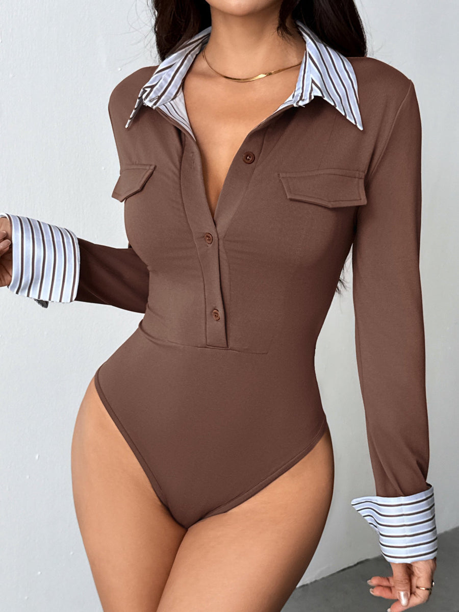 Fake Two-Piece Striped Collar Form-Fitting Bodysuit