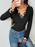 Retro Style Leopard Print Trim Ribbed V-Neck Bodysuit
