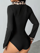 Retro Style Leopard Print Trim Ribbed V-Neck Bodysuit