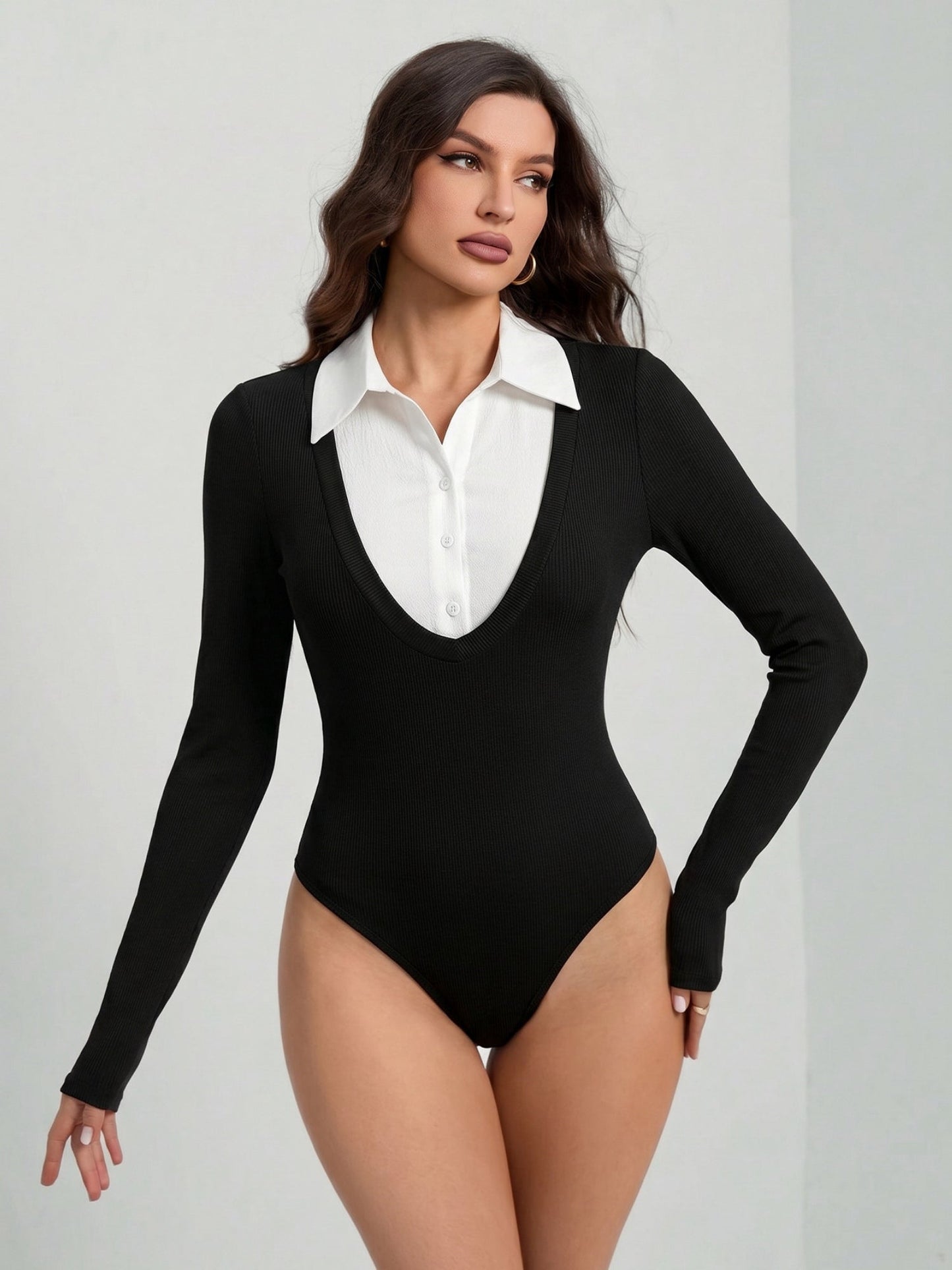Black Ribbed Long-Sleeve Bodysuit