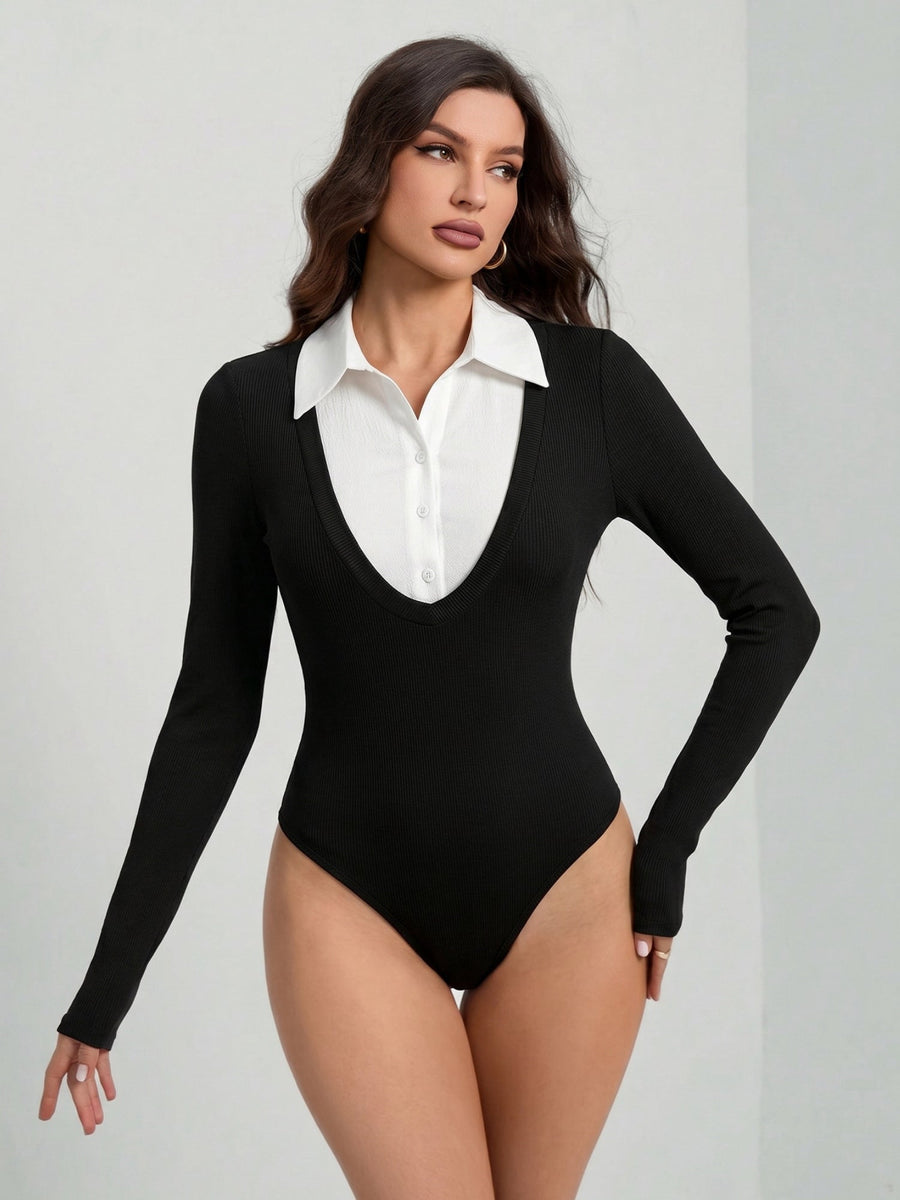 Black Ribbed Long-Sleeve Bodysuit