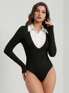 Black Ribbed Long-Sleeve Bodysuit