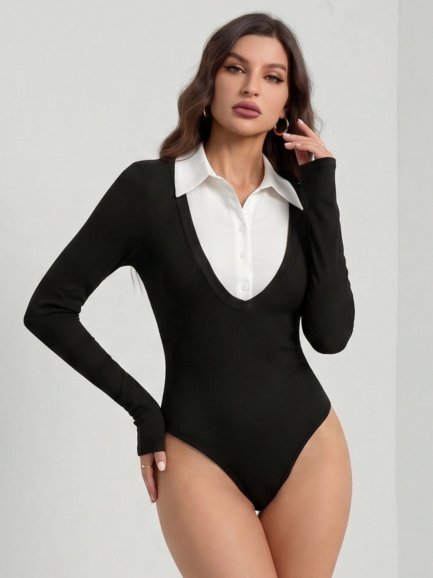 Black Ribbed Long-Sleeve Bodysuit