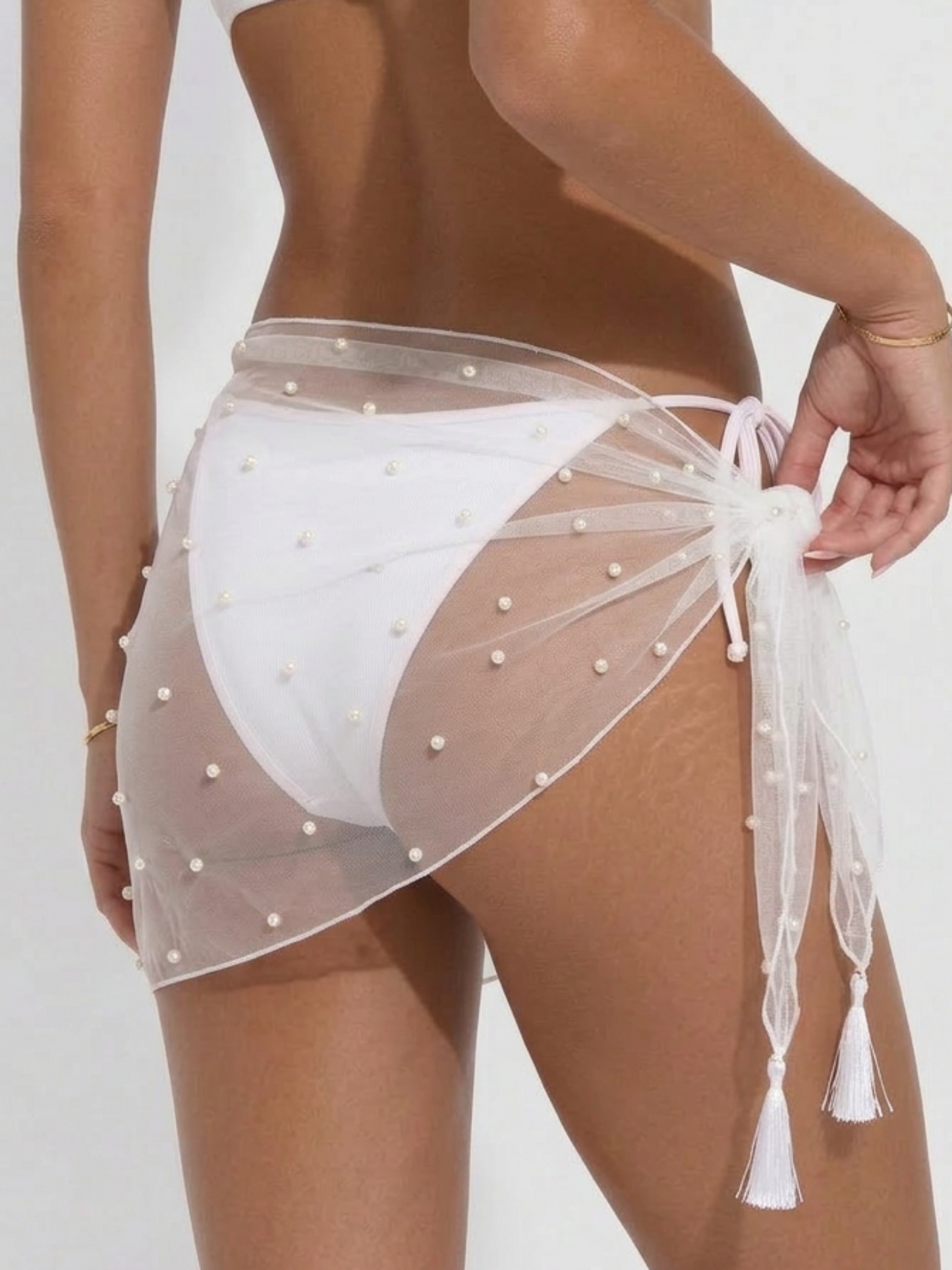 White Pearl Beaded Tassel Mesh Side Tie Sarong Bikini Cover Up Skirt