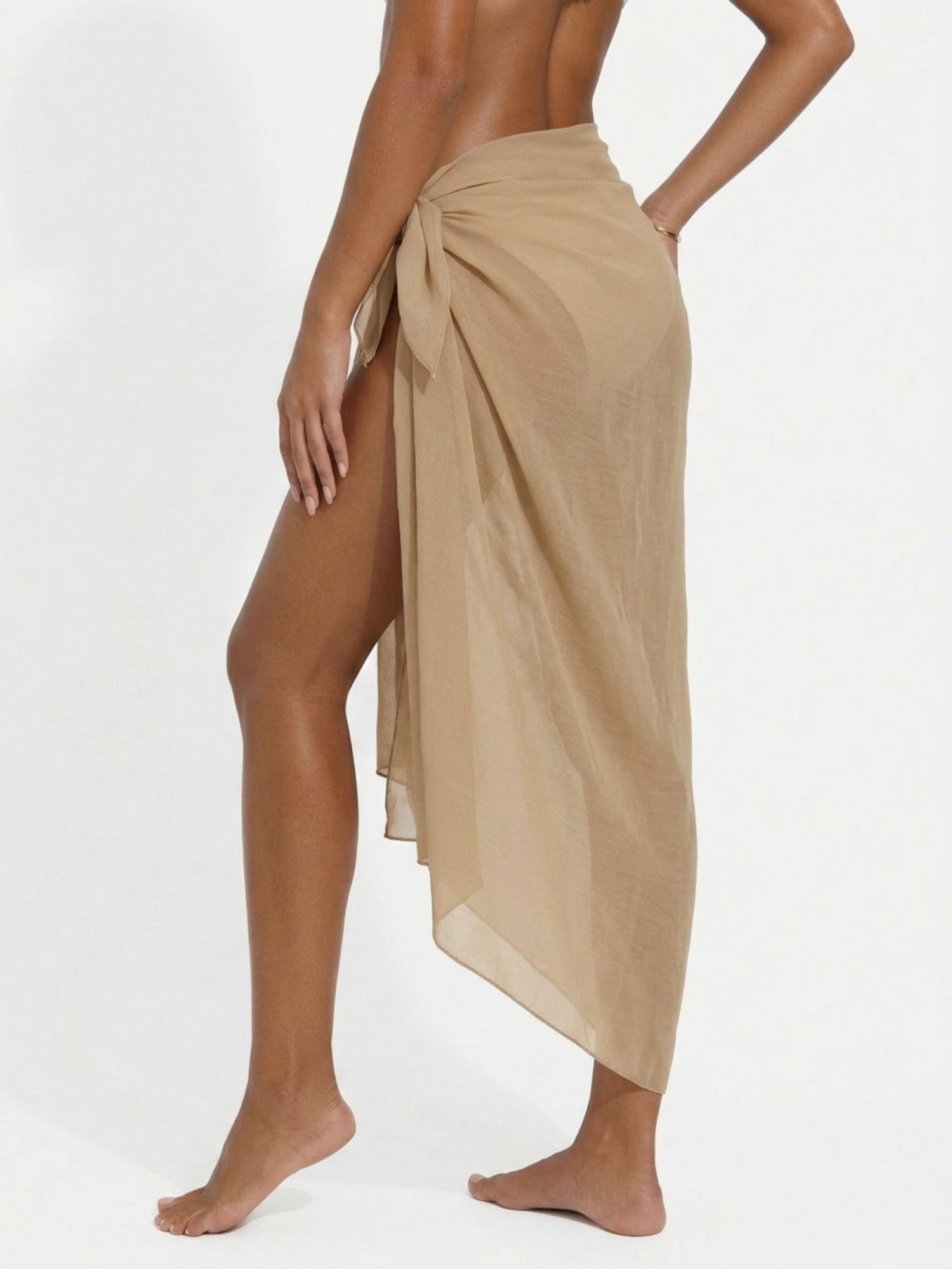 Khaki Chiffon Long Side Tie High Slit Sarong Beach Cover Up Skirt