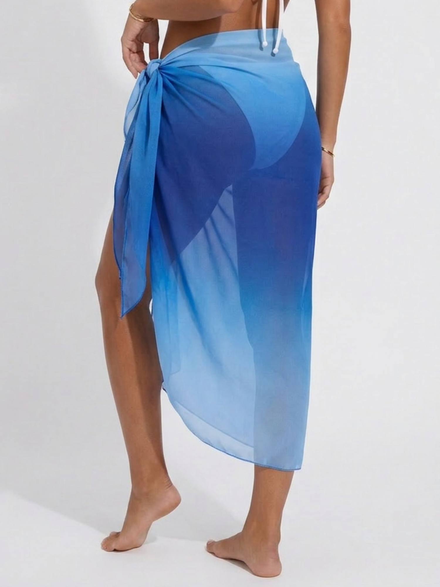 Blue Ombre Sheer Chiffon Long Side Tie High Slit Sarong Beach Skirt