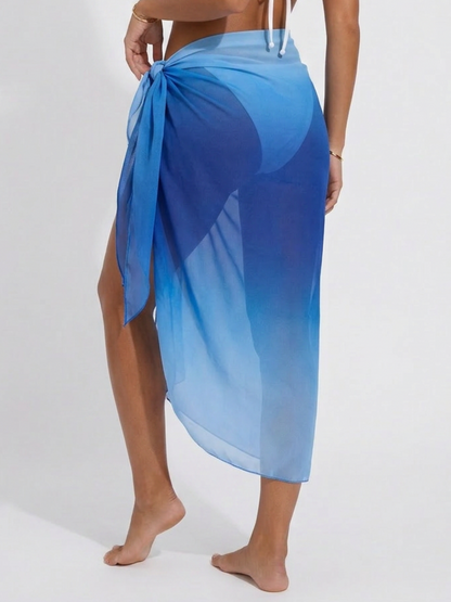 Blue Ombre Sheer Chiffon Long Side Tie High Slit Sarong Beach Skirt