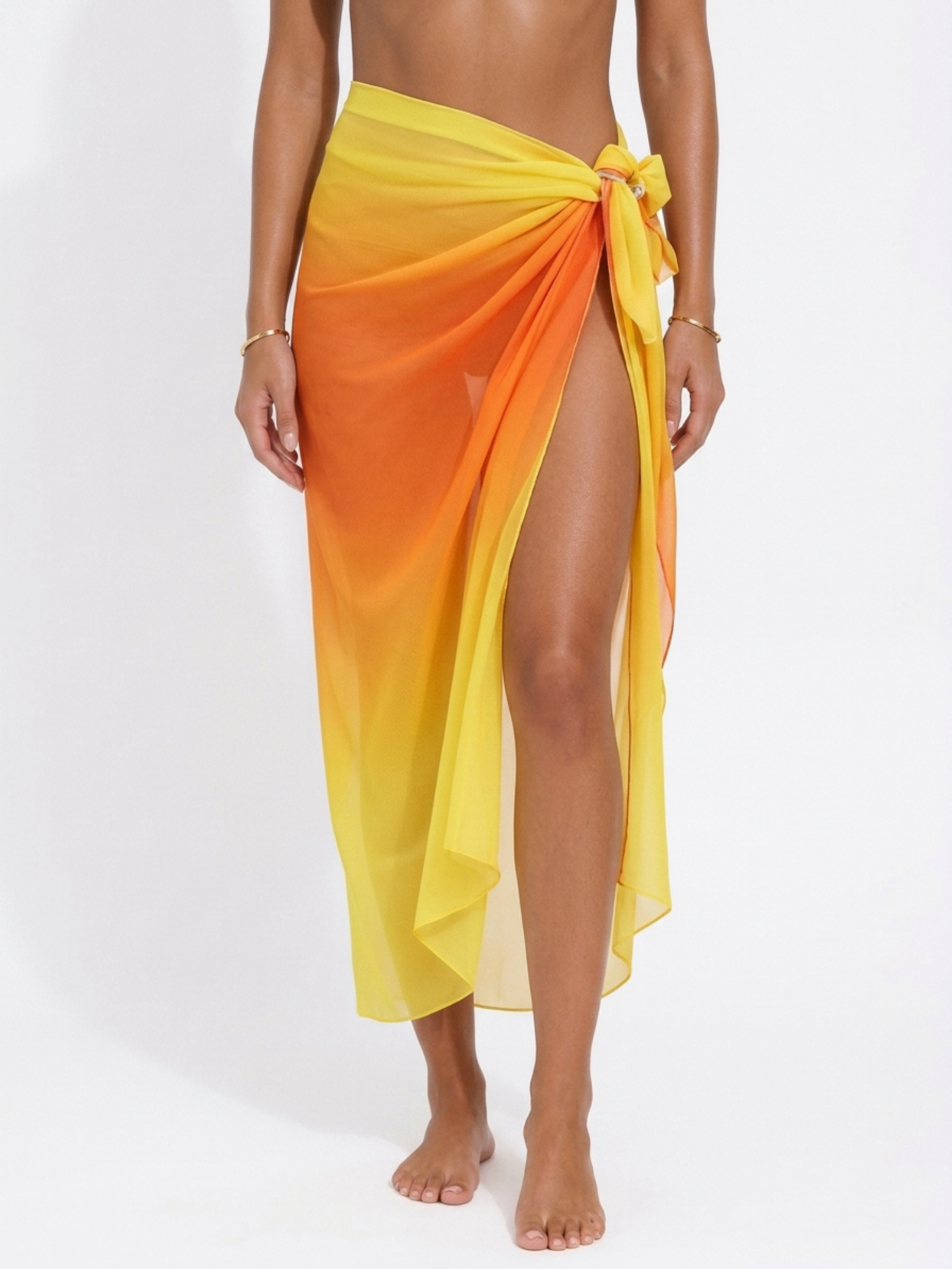 Yellow Orange Ombre Sheer Chiffon Long Side Tie High Slit Sarong Skirt