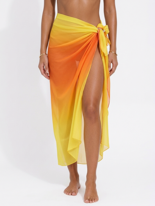 Yellow Orange Ombre Sheer Chiffon Long Side Tie High Slit Sarong Skirt