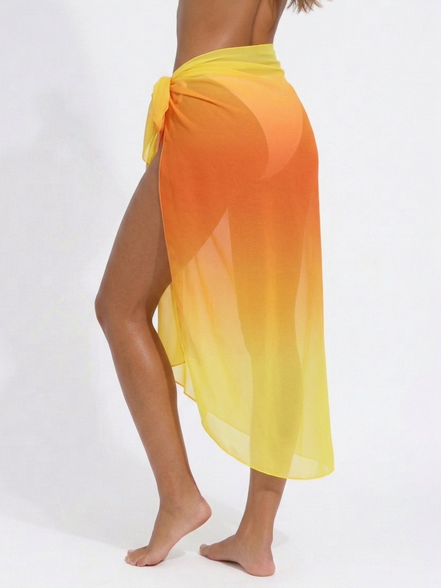 Yellow Orange Ombre Sheer Chiffon Long Side Tie High Slit Sarong Skirt
