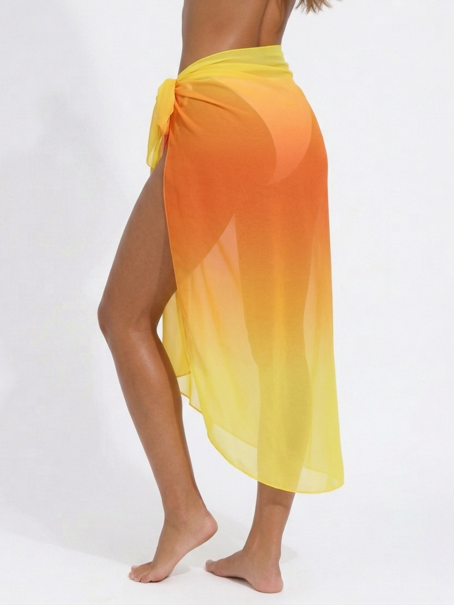 Yellow Orange Ombre Sheer Chiffon Long Side Tie High Slit Sarong Skirt