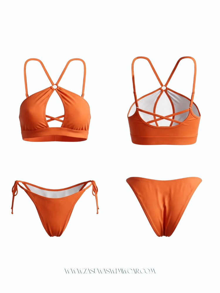 Solid Color Sexy Cross Back Hollow Out Bikini Set