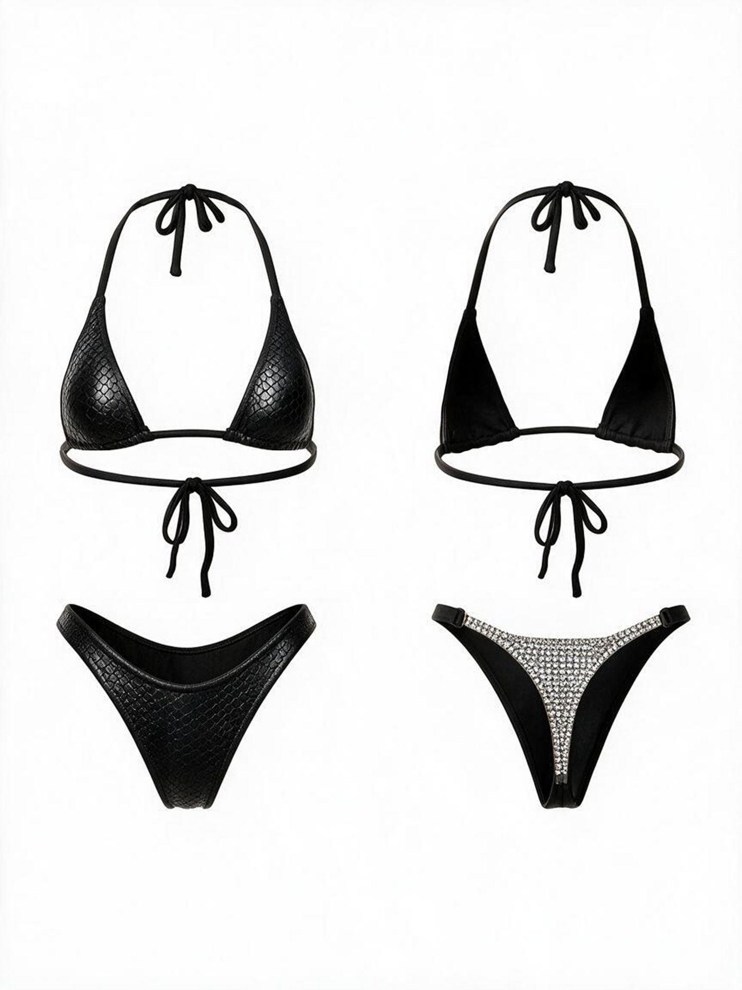 Sexy Glossy Faux Leather Snake Print Crystal Bikini Set