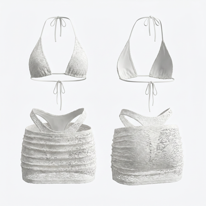 Ivory Lace Triangle Halter 3-Piece Bikini