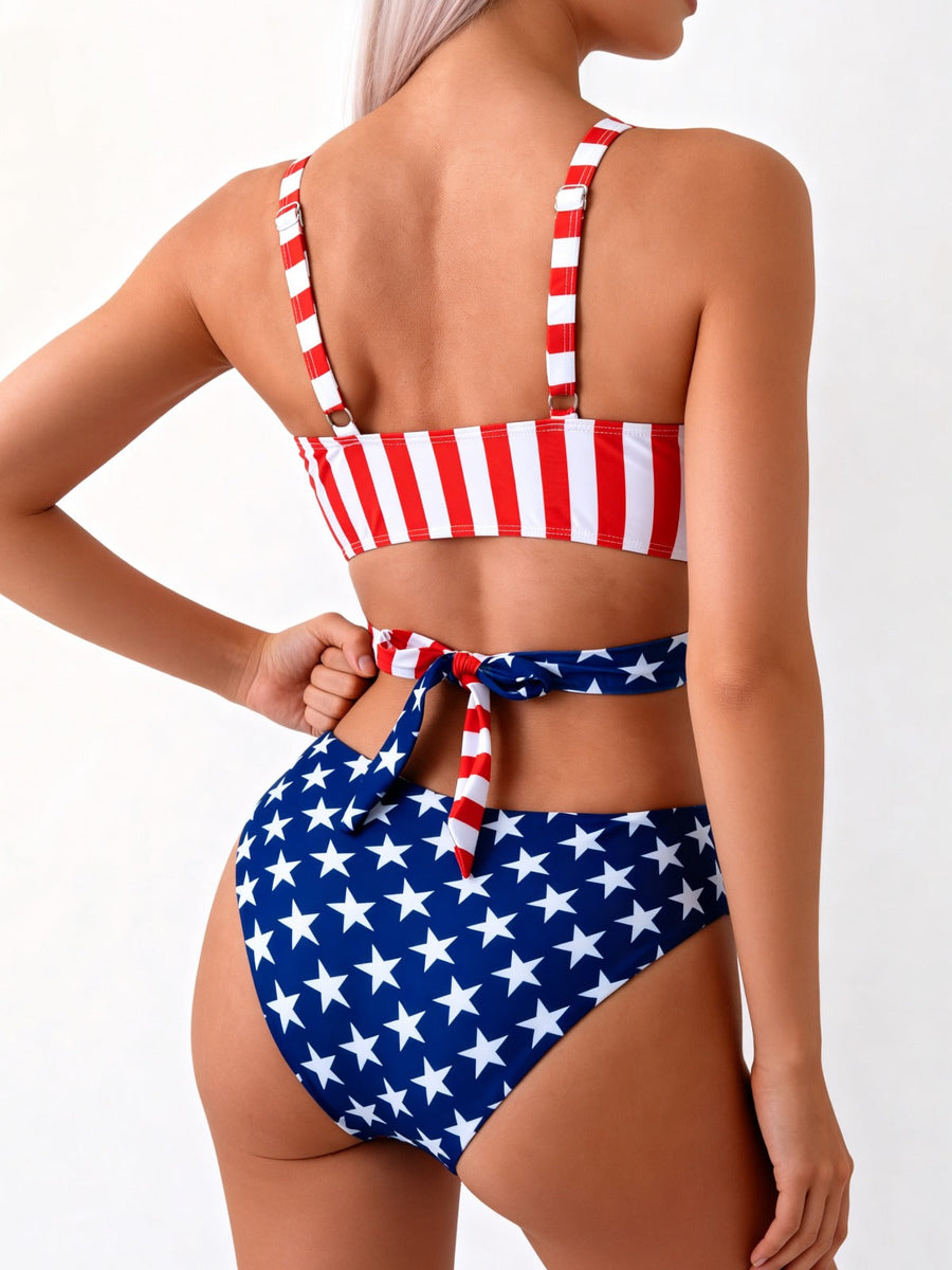 American Flag Print Cross Wrap High-Waist Bikini