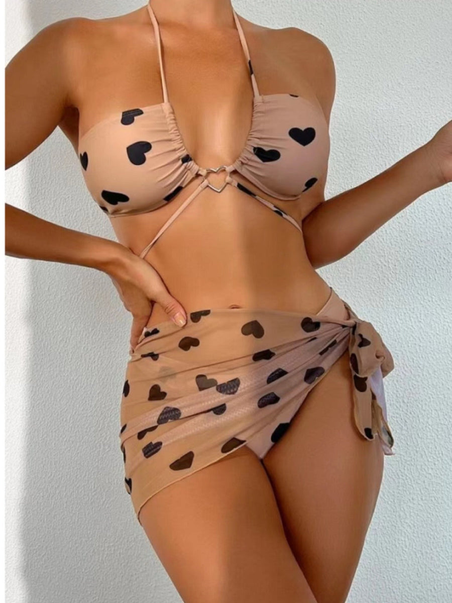 Nude Heart Print Halter Strappy 3-Piece Bikini Set