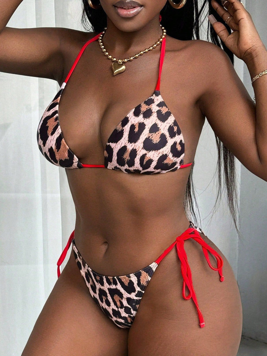 Leopard Print Red String Halter 3-Piece Bikini Set