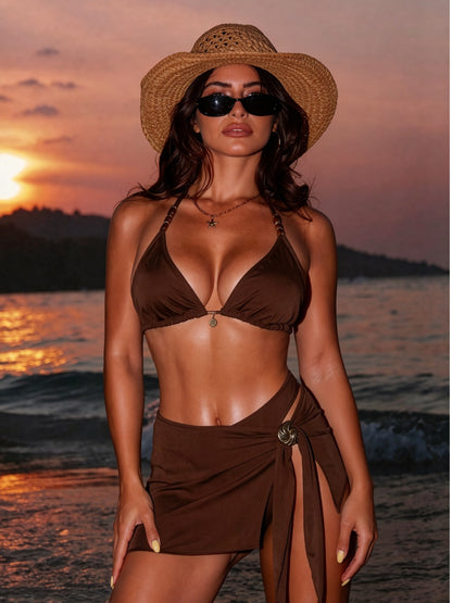Solid Brown Halter Bikini with Metal Buckle 3-Piece Set