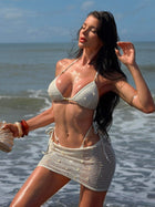 Off-White Textured Fabric with Gold Bead & Mesh Skirt 3-Piece Bikini Set