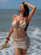 Off-White Textured Fabric with Gold Bead & Mesh Skirt 3-Piece Bikini Set