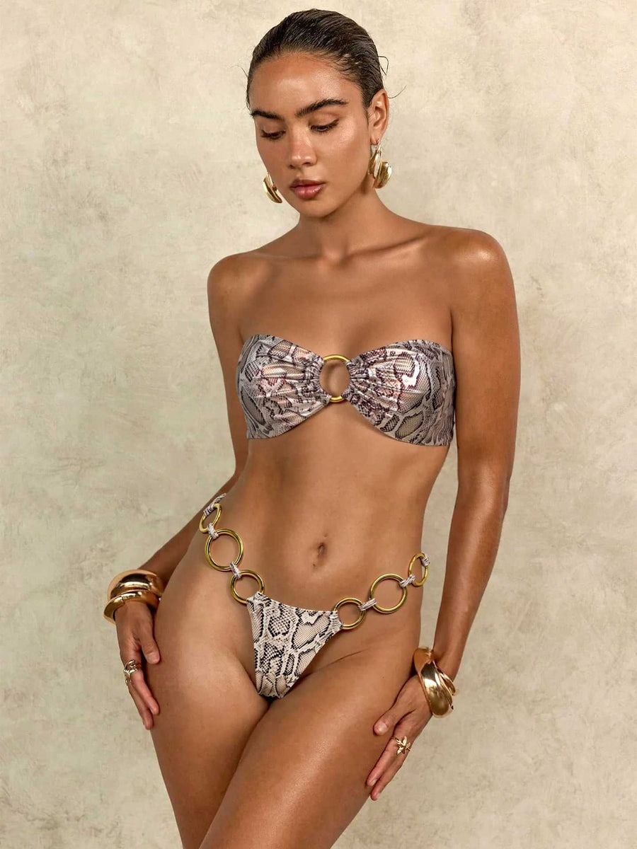 Snake Print Metal Ring Halter Bikini
