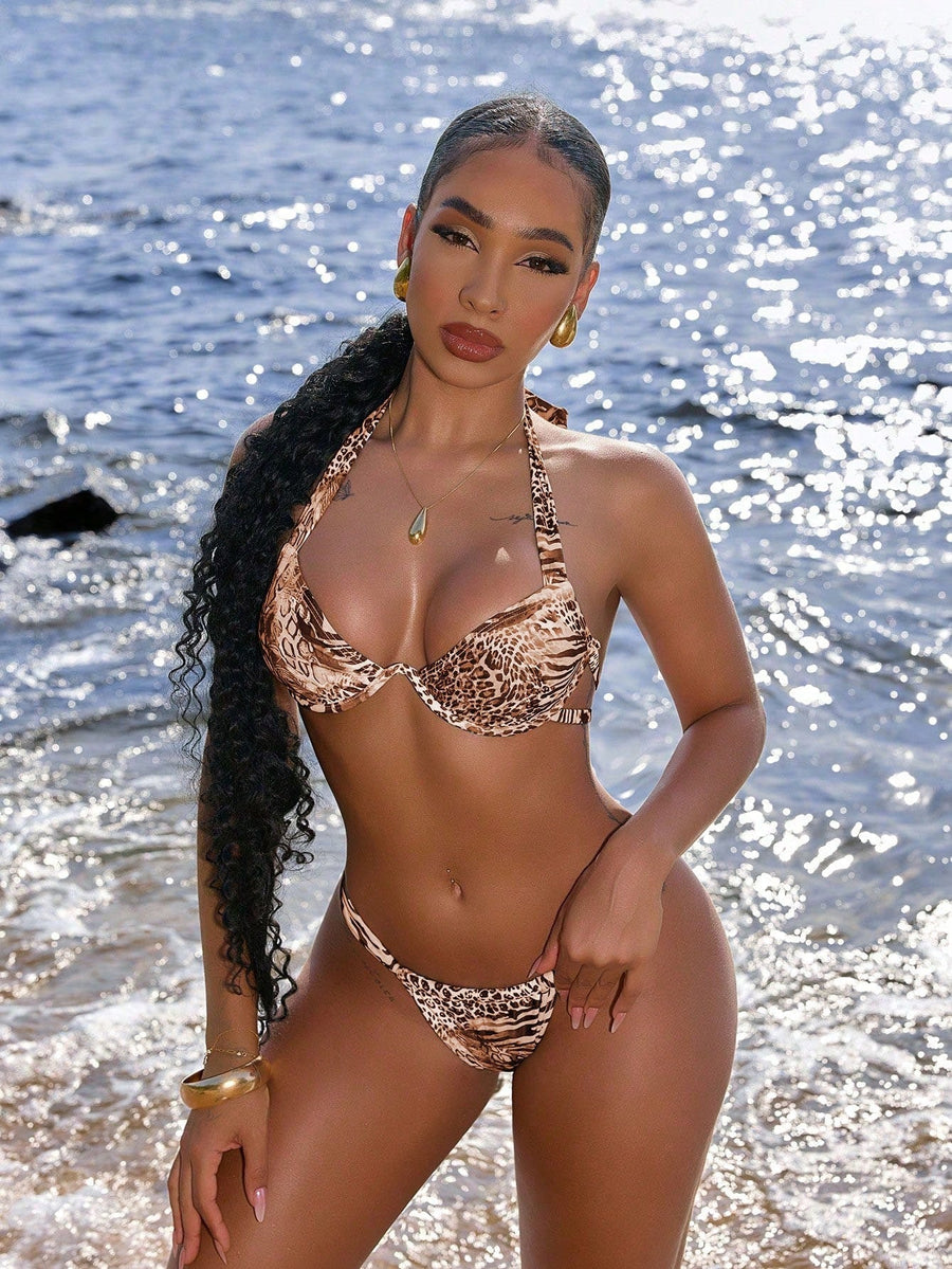 Wild Leopard Print Underwire Halter Bikini