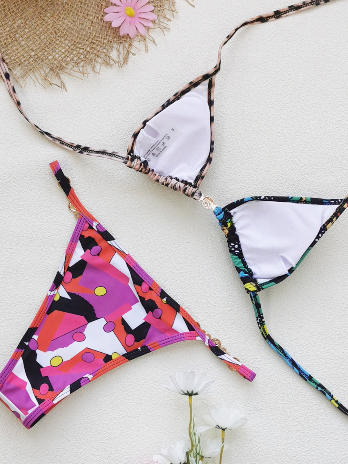 Asymmetric Color Block Leopard Print Chain Halter Bikini