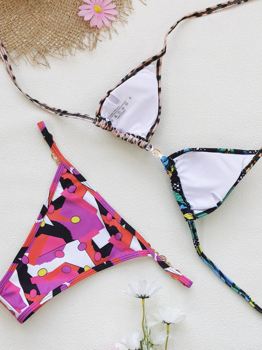 Asymmetric Color Block Leopard Print Chain Halter Bikini