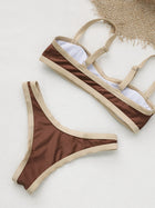 Brown Color Block Trim Square Neck Thin Strap Bikini