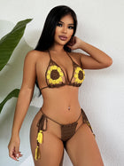 Beach Vacation Brown Crochet Sunflower Halter Bikini