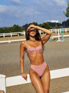 Beach Vacation Red & White Striped High-Waisted Bikini