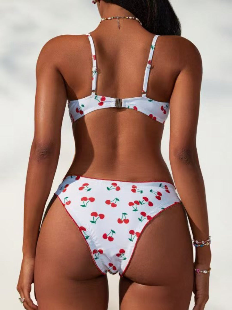 Beach Vacation White Cherry Print Underwire Bikini