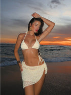 Cream Crochet Halter Bikini + Sheer Lace Sarong 3-Piece Set
