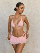 Pink Triangle Halter Bikini with Lace Skirt 3-Piece Set