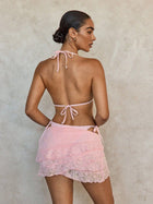 Pink Triangle Halter Bikini with Lace Skirt 3-Piece Set
