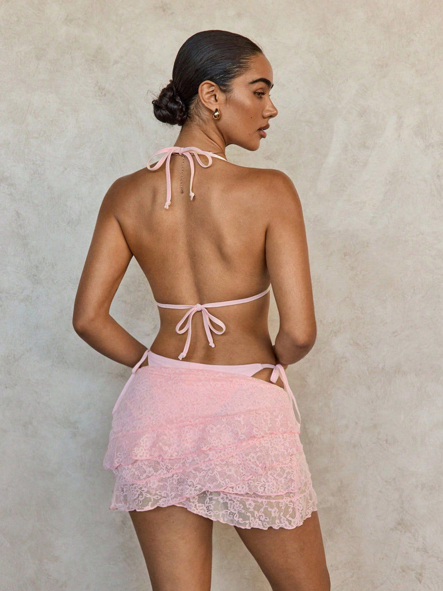 Pink Triangle Halter Bikini with Lace Skirt 3-Piece Set