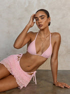 Pink Triangle Halter Bikini with Lace Skirt 3-Piece Set