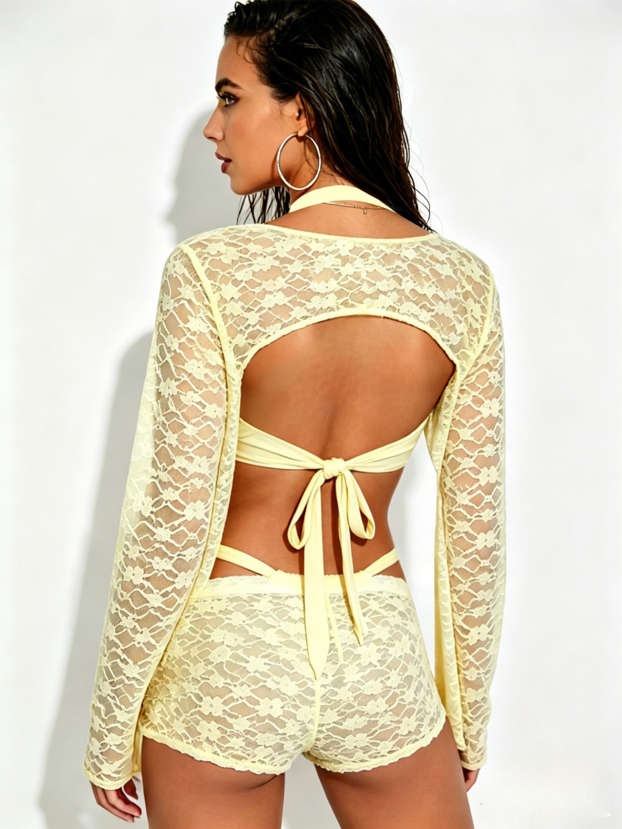 Vacation Yellow Lace Halter Bikini & Cover-Up 4-Piece Swimsuit Set