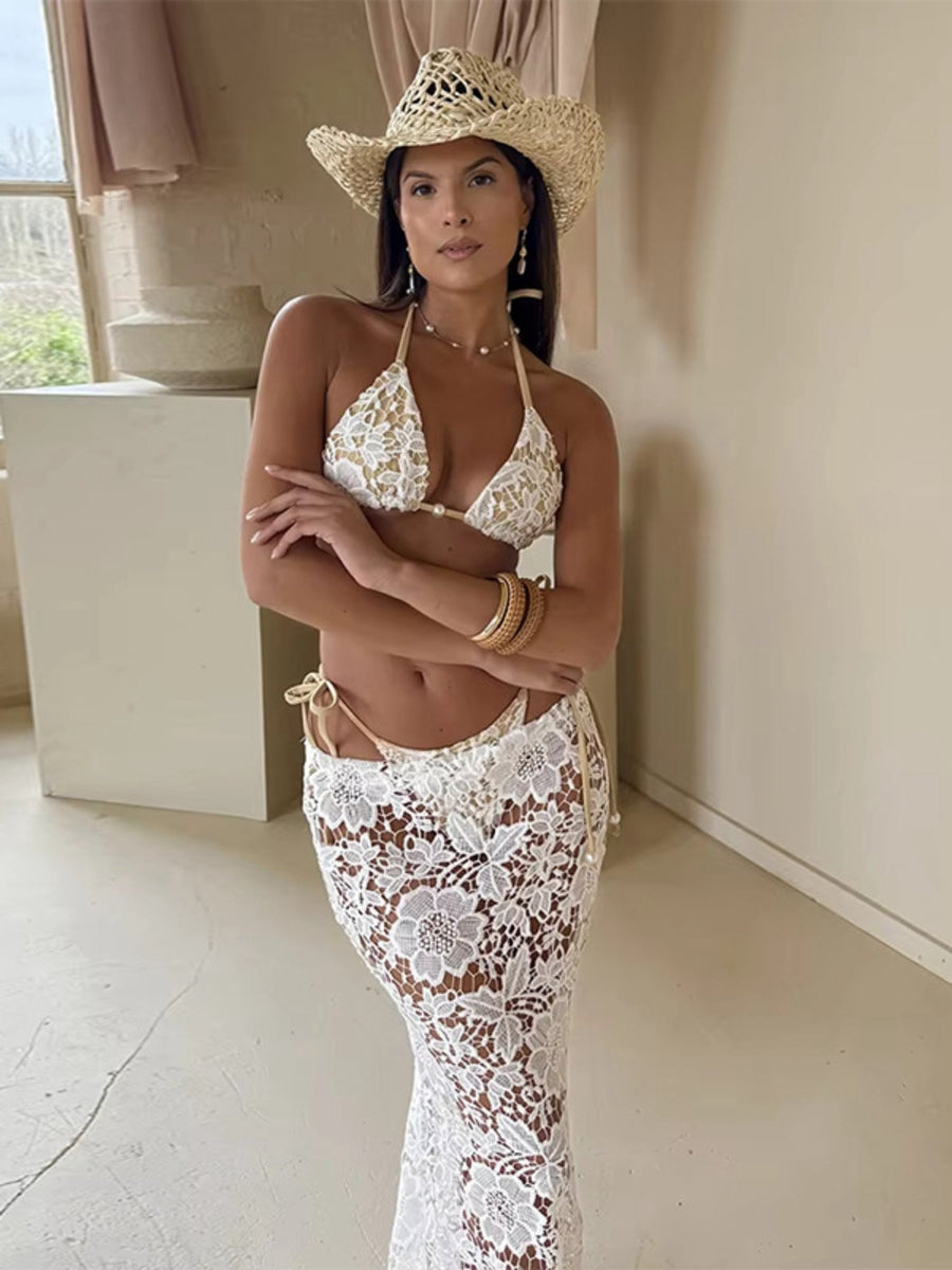 White Lace Halter Bikini with Sheer Lace Maxi Skirt 3-Piece Set