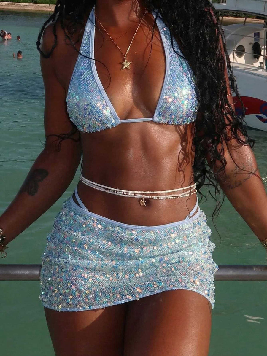 Light Blue Sequin Halter Bikini with Mini Skirt 3-Piece Set