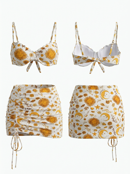 Spicy Ruched Print Bikini with Drawstring Mini Skirt 3-Piece Set