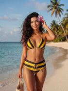 Vacation Yellow & Black Striped Halter High-Waisted Bikini