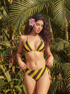 Vacation Yellow & Black Striped Halter High-Waisted Bikini