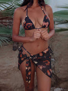 Vintage Tie-Dye Print Halter Bikini with Mesh Sarong 3-Piece Set