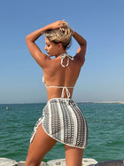 Black & White Geometric Crochet Halter Bikini with Wrap Sarong 3-Piece Set