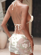 Cream 3D Rose Halter Bikini with Embroidered Mesh Sarong 3-Piece Set