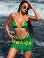 Jamaica Style Green & Yellow Halter Bikini with Mesh Skirt 3-Piece Set