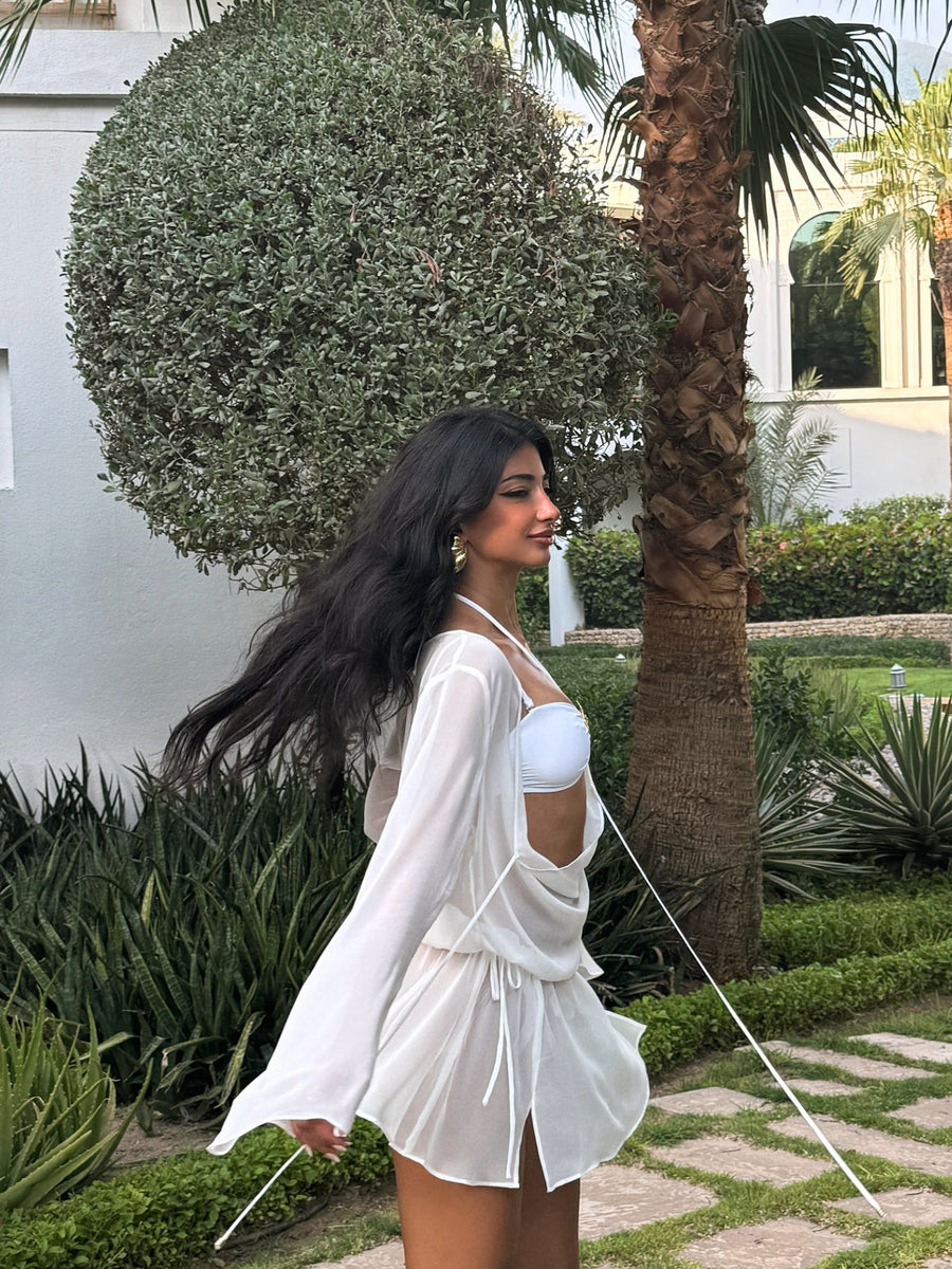 Bohemian White Sheer Chiffon Robe & Bikini 3-Piece Set