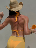 Bright Yellow 3D Orchid Halter Bikini with Wrap Skirt 3-Piece Set
